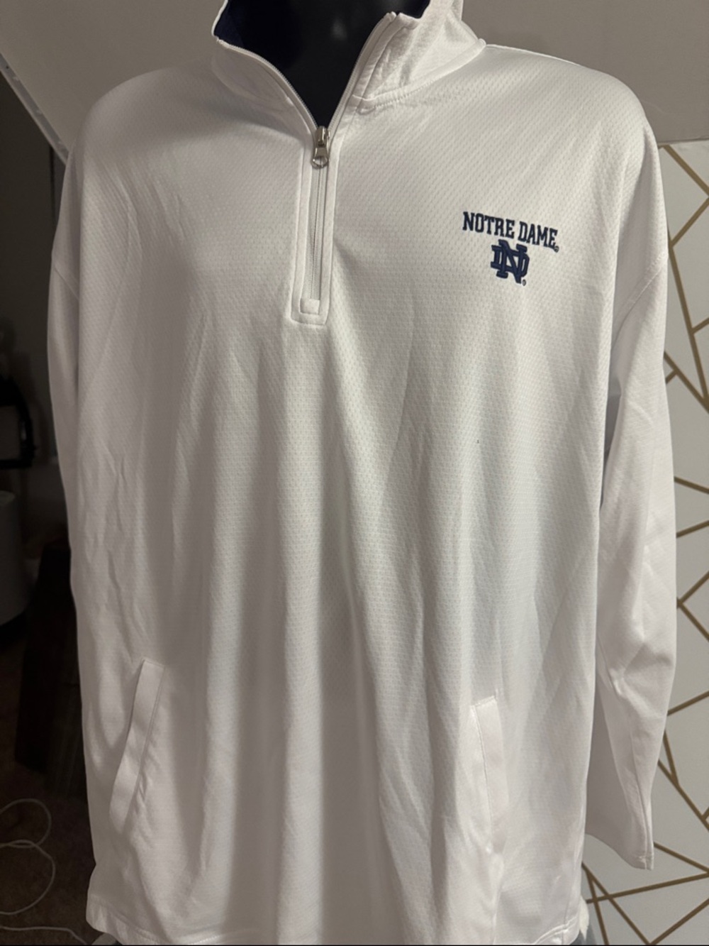 Pro Edge White and Navy Team Apparel Jacket Tag Notre Dame